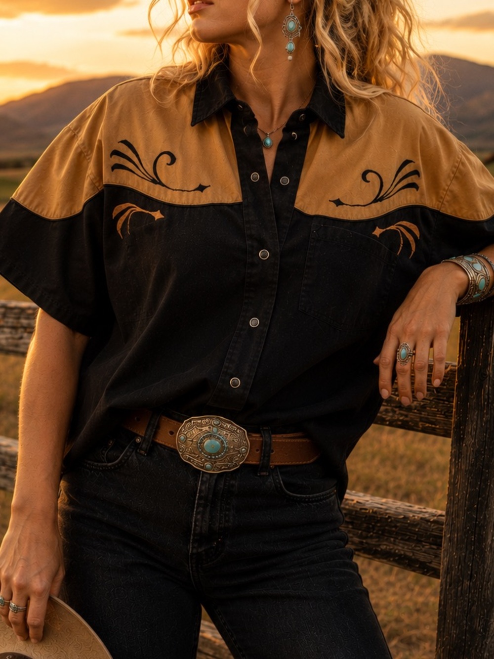 Vintage Western Embroidered Camp Shirt Womens XL Black Tan Boxy Snap Front Rodeo